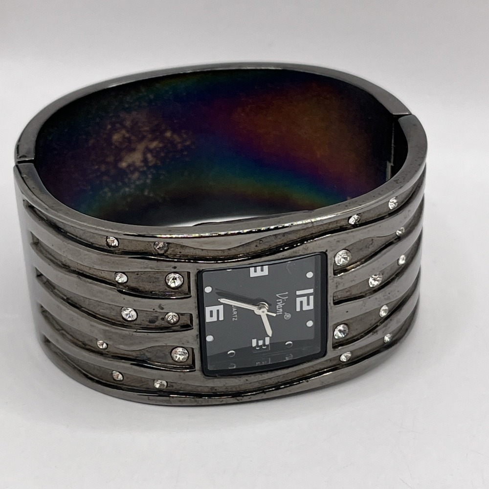Vivani Women's Bangle Band Quartz Watch Crystal Accent Gunmetal- New Battery - Picture 2 of 7